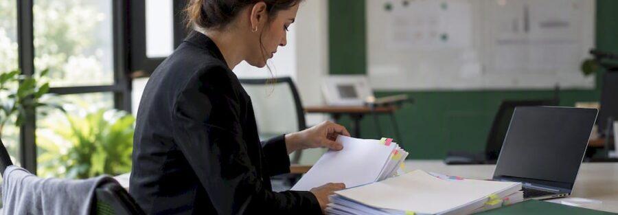 Hands organizing multi-state compliance folders