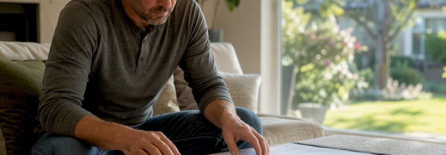 Hands arranging home and flood insurance policies