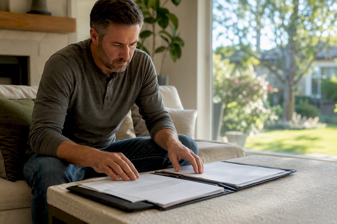 Hands arranging home and flood insurance policies