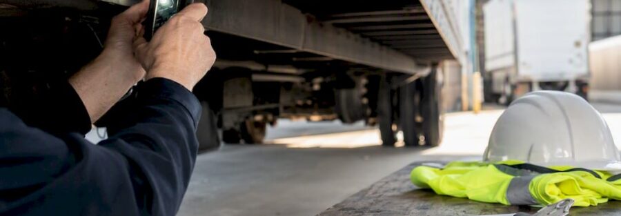 Underwriter scanning truck tire at depot