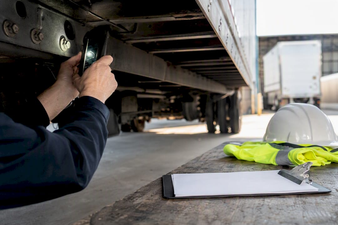 Underwriter scanning truck tire at depot
