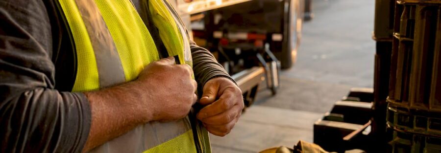 Truck driver attaching safety vest