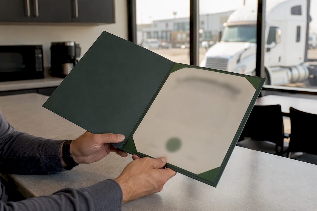 Hands holding certificate holder folder at trucking office