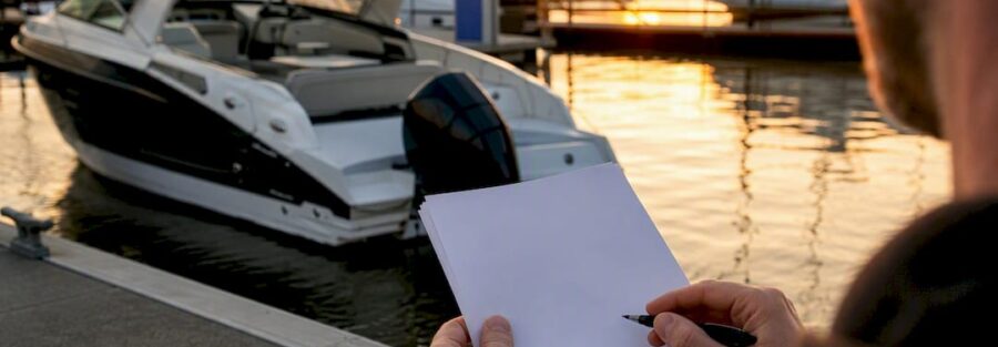 Boat moored and hands holding insurance papers