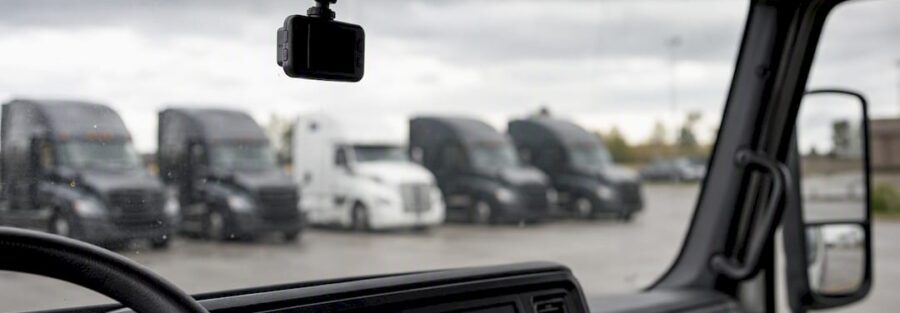 Dash cam mounted on truck dashboard