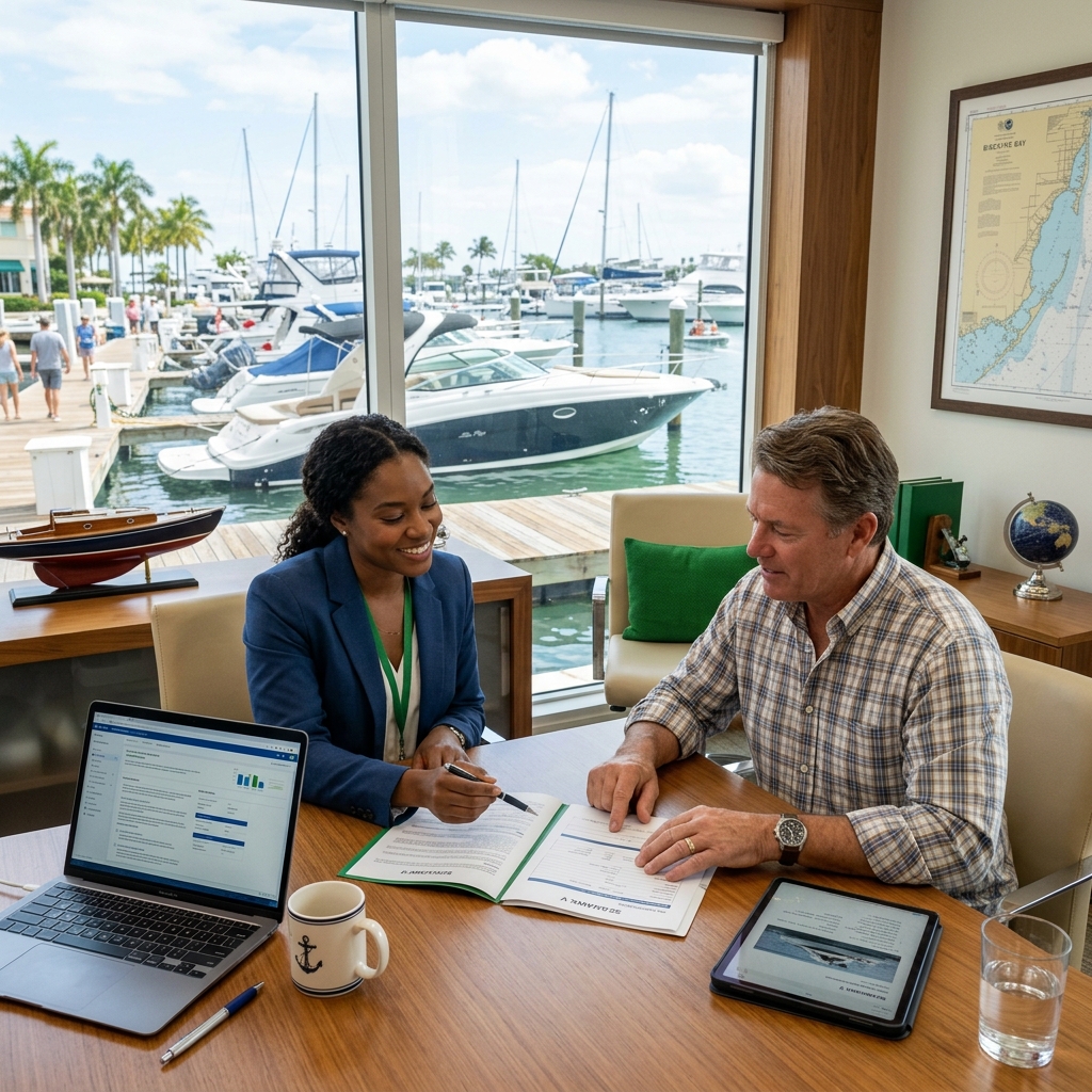 Boat Insurance Underwriters: insurance agent explaining to a client.
