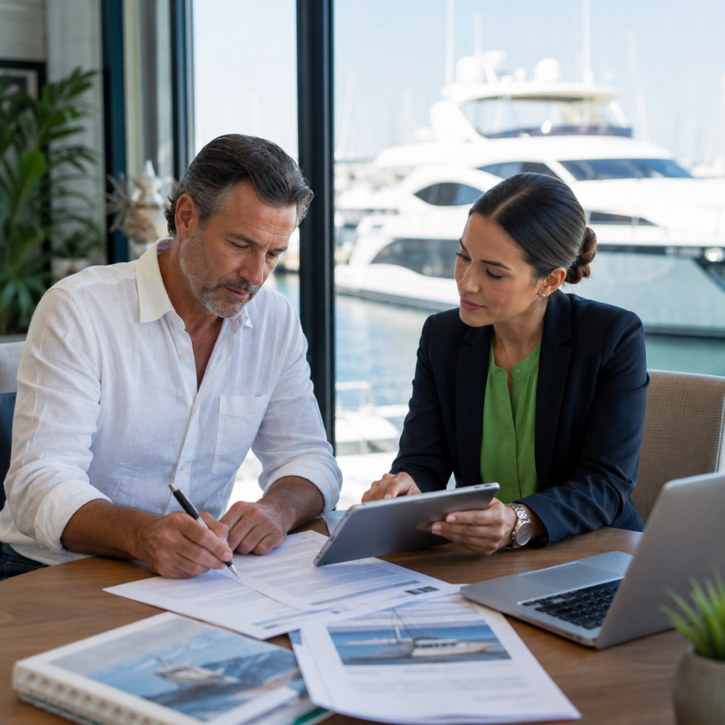 Insurance agent and a client discussing marine insurance policy meaning.