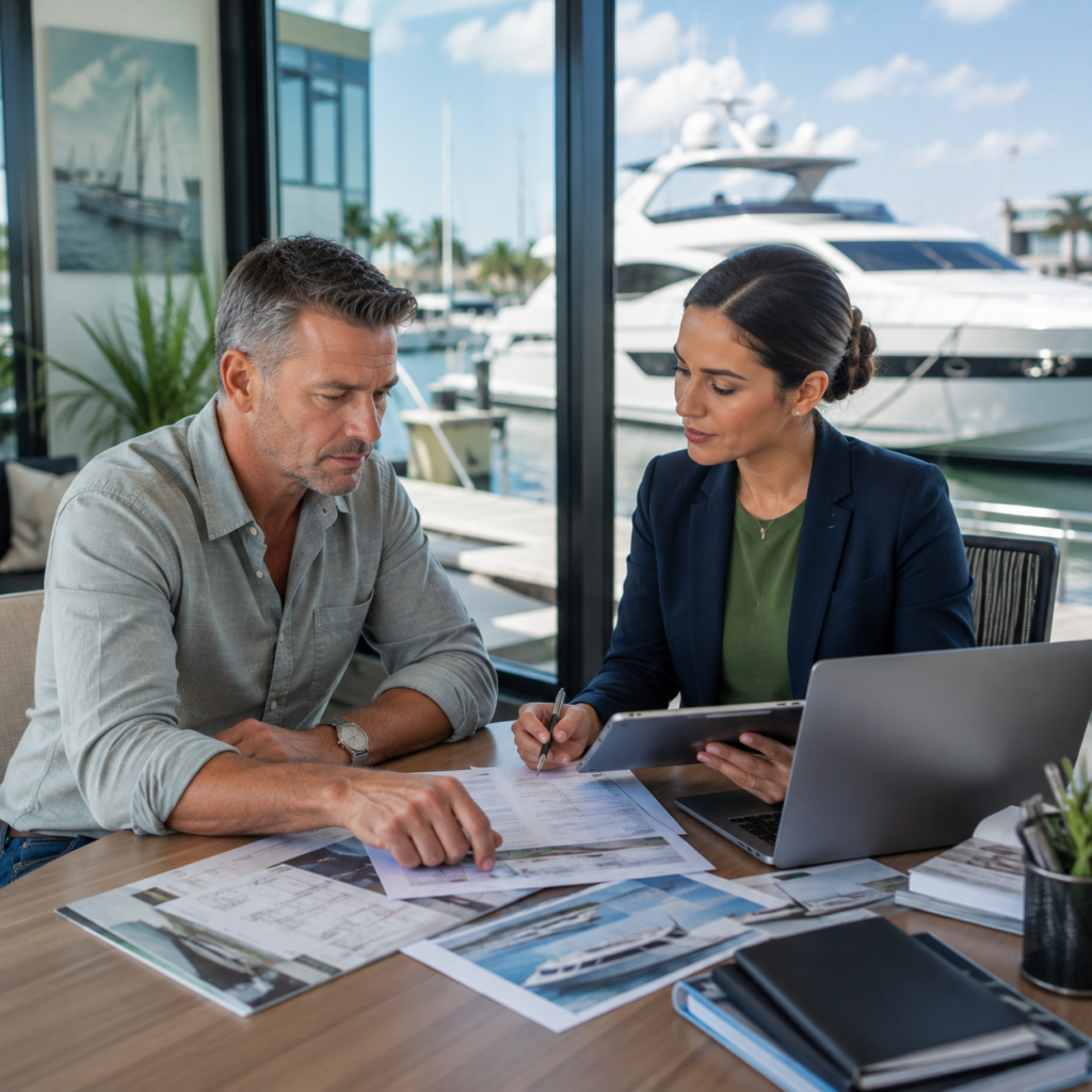 Two people discussing marine insurance qualifications.