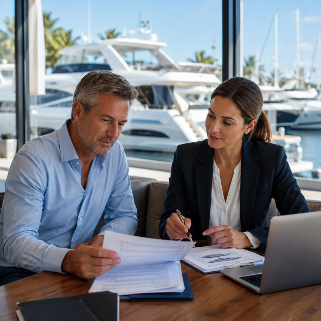 Insurance broker discussing marine insurance policy conditions with a client.