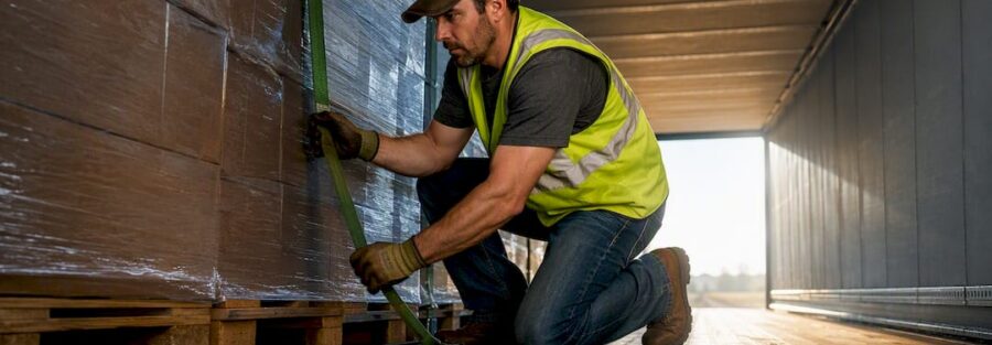 Trucker securing freight inside trailer