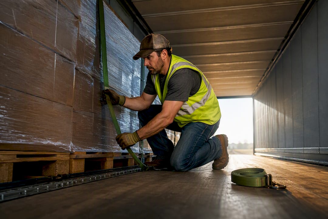 Trucker securing freight inside trailer
