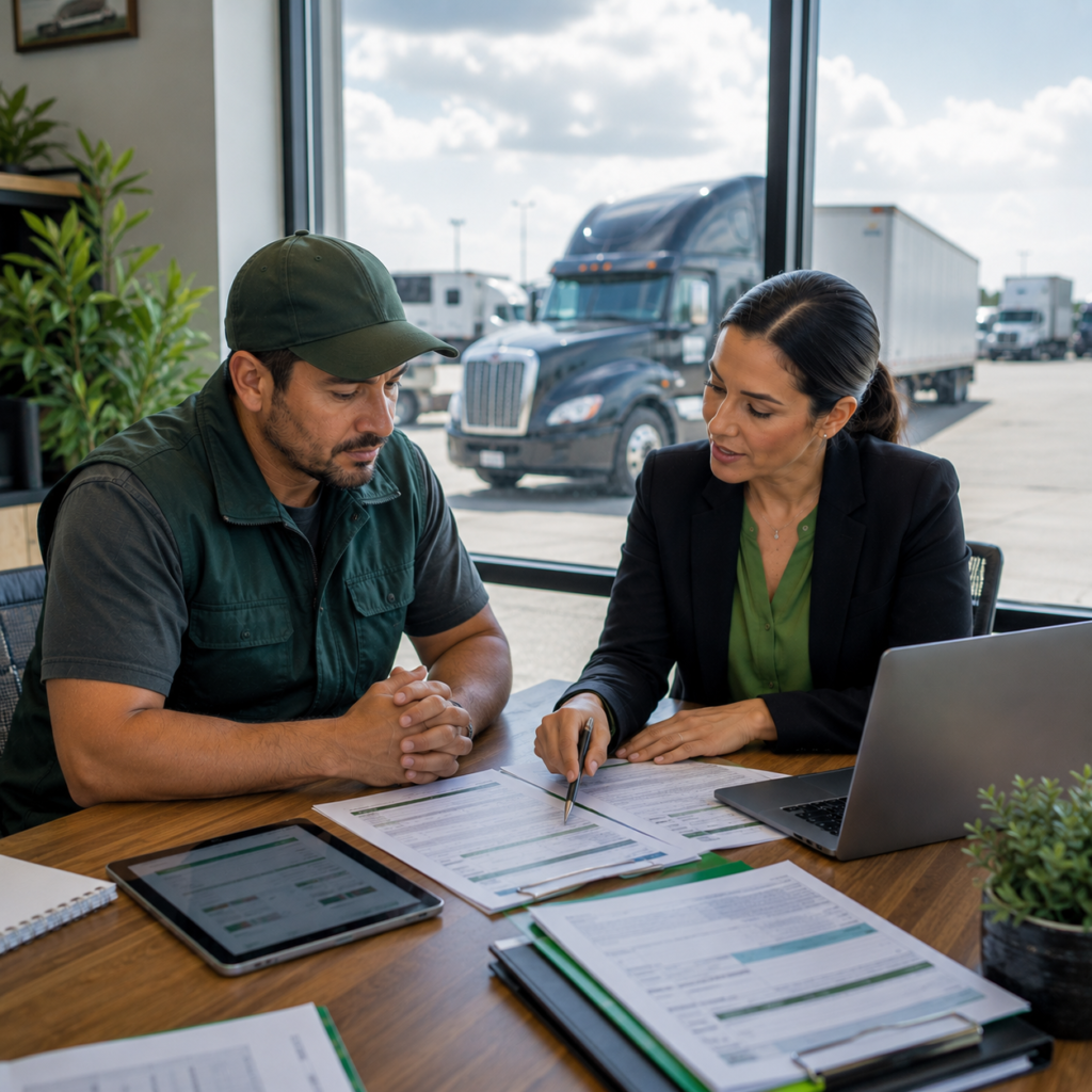 Two people in a business meeting discussing truck vehicle insurance.